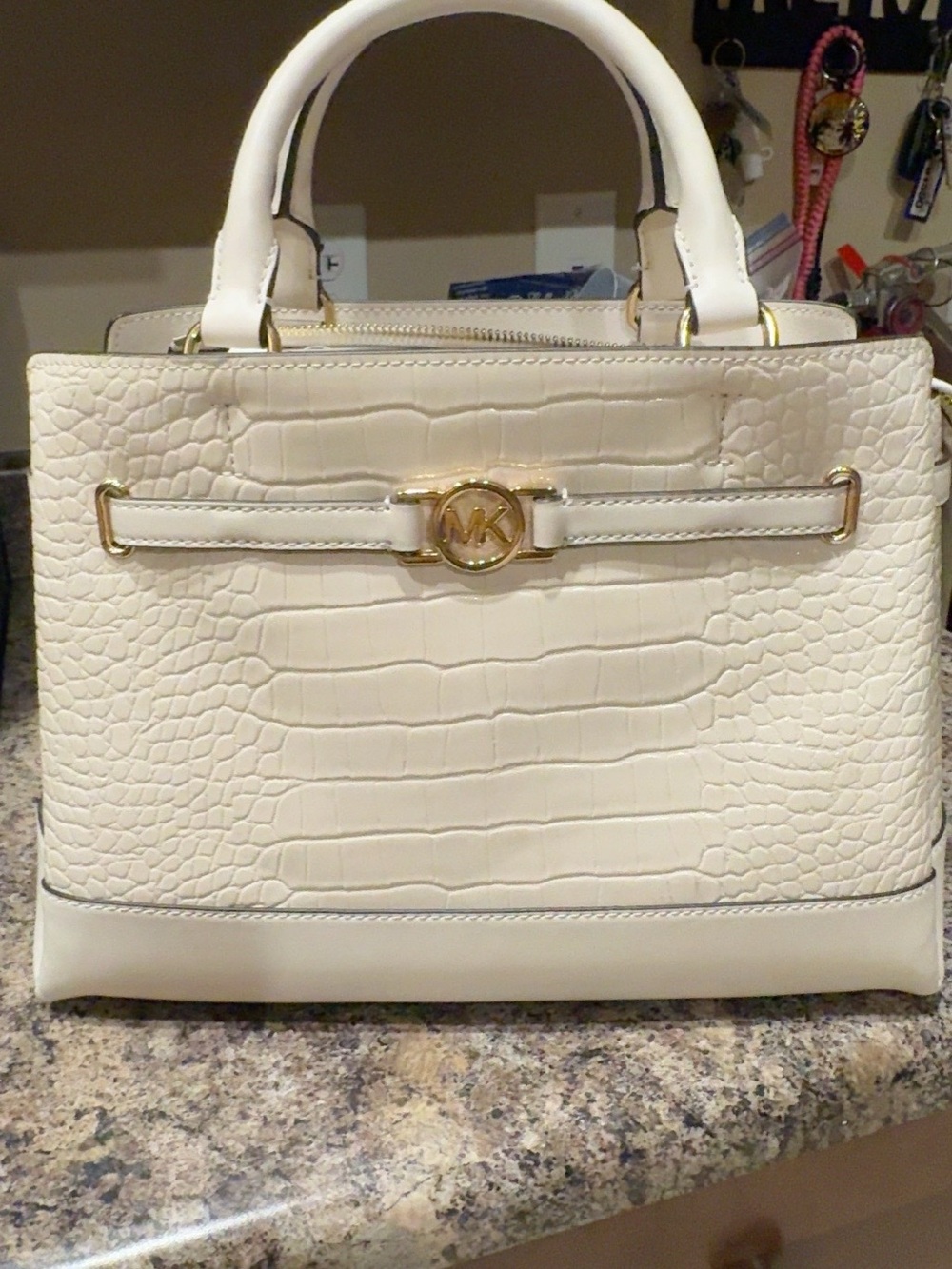 Michael Kors Cream Croc-Embossed Satchel with Gold Hardware